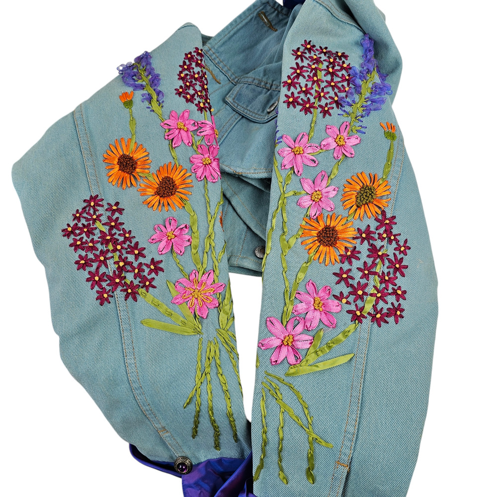 Jacket Upcycled blue green denim ribbon embroidered floral cropped Small - Picture 2 of 13